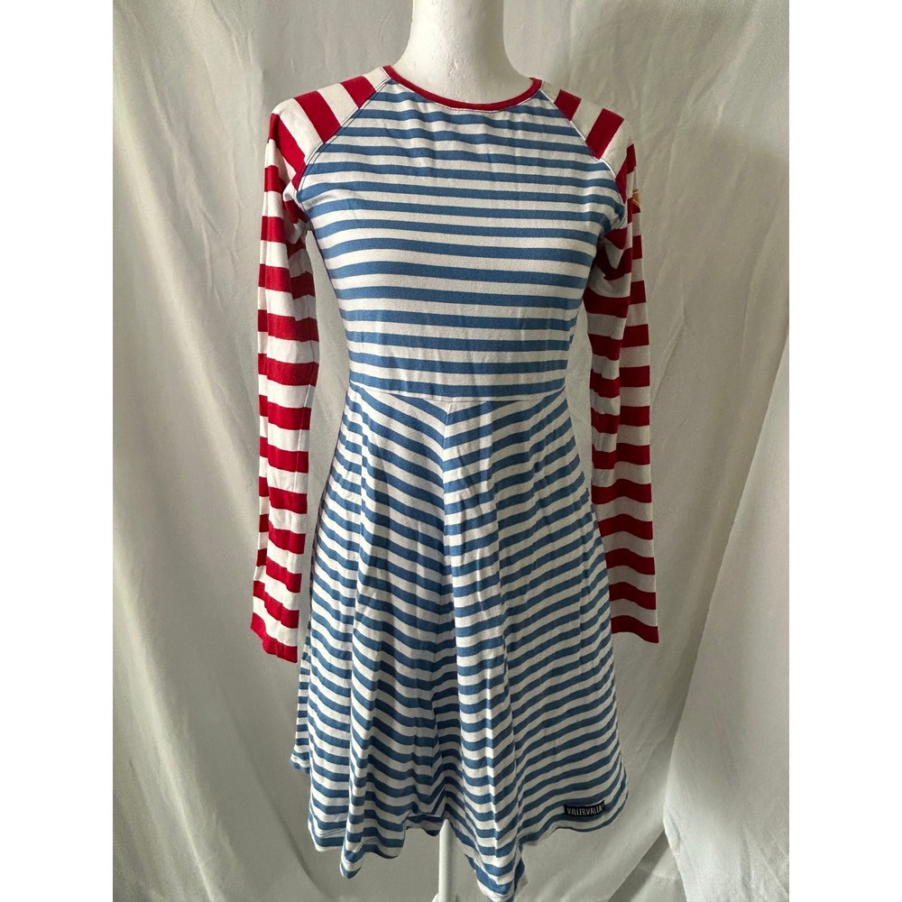 Villervalla Organic Cotton Striped Long Sleeve Star Patch Dress Blue Red